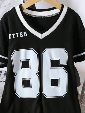 Young Girl's Number Print V-Neck Short Sleeve Casual Dress