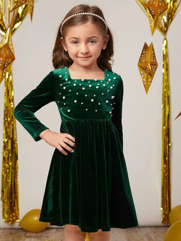 Young Girls' Pearl Beaded Velvet Dress With Square Neckline And Long Sleeves, Autumn And Winter