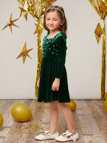 Young Girls' Pearl Beaded Velvet Dress With Square Neckline And Long Sleeves, Autumn And Winter