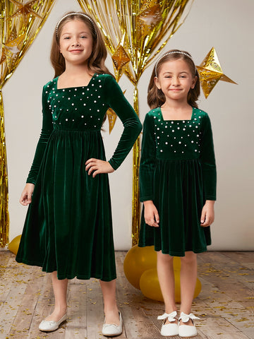 Young Girls' Pearl Beaded Velvet Dress With Square Neckline And Long Sleeves, Autumn And Winter