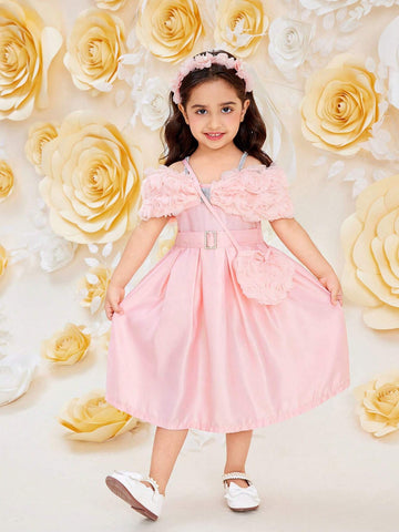 Young Girls' Pink Spaghetti Strap Dress With Rose Flower, Bow And Belt Decoration, Suitable For And Elegant Style