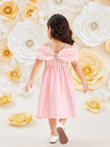 Young Girls' Pink Spaghetti Strap Dress With Rose Flower, Bow And Belt Decoration, Suitable For And Elegant Style