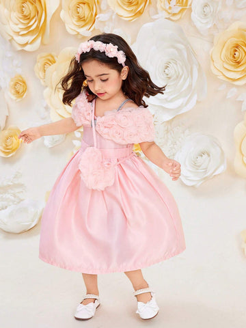 Young Girls' Pink Spaghetti Strap Dress With Rose Flower, Bow And Belt Decoration, Suitable For And Elegant Style