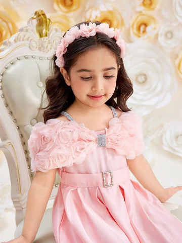 Young Girls' Pink Spaghetti Strap Dress With Rose Flower, Bow And Belt Decoration, Suitable For And Elegant Style