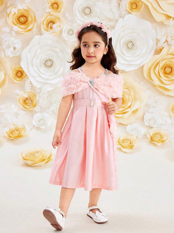 Young Girls' Pink Spaghetti Strap Dress With Rose Flower, Bow And Belt Decoration, Suitable For And Elegant Style