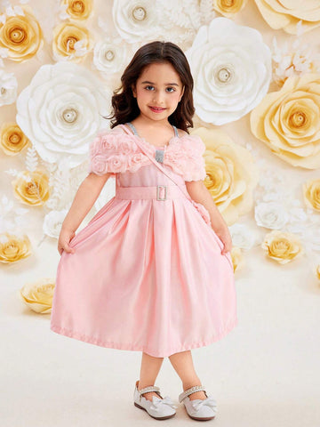 Young Girls' Pink Spaghetti Strap Dress With Rose Flower, Bow And Belt Decoration, Suitable For And Elegant Style