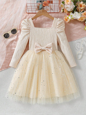 Young Girls Pink Star Sequin Mesh Tutu Dress With Collar, Long Sleeve, Bow Tie, Princess Party Dress For Spring And Autumn