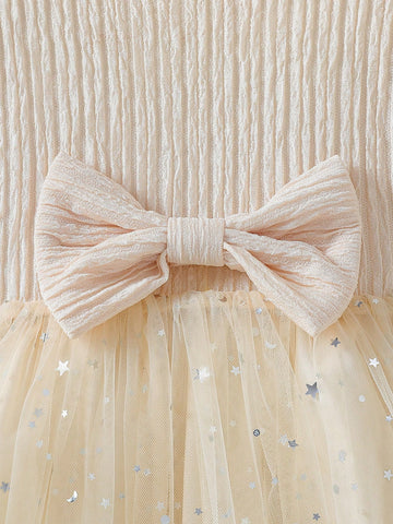 Young Girls Pink Star Sequin Mesh Tutu Dress With Collar, Long Sleeve, Bow Tie, Princess Party Dress For Spring And Autumn