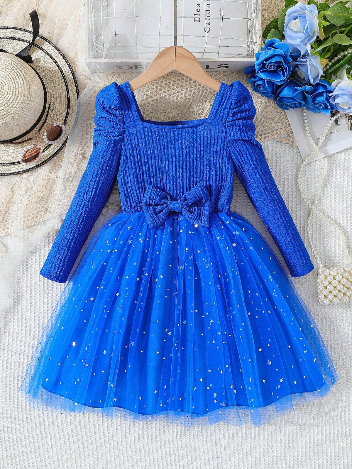 Young Girls Pink Star Sequin Tulle Puff Princess Dress With Bowknot, Long Sleeve, Stand Collar, Spring/Autumn
