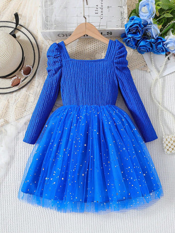 Young Girls Pink Star Sequin Tulle Puff Princess Dress With Bowknot, Long Sleeve, Stand Collar, Spring/Autumn