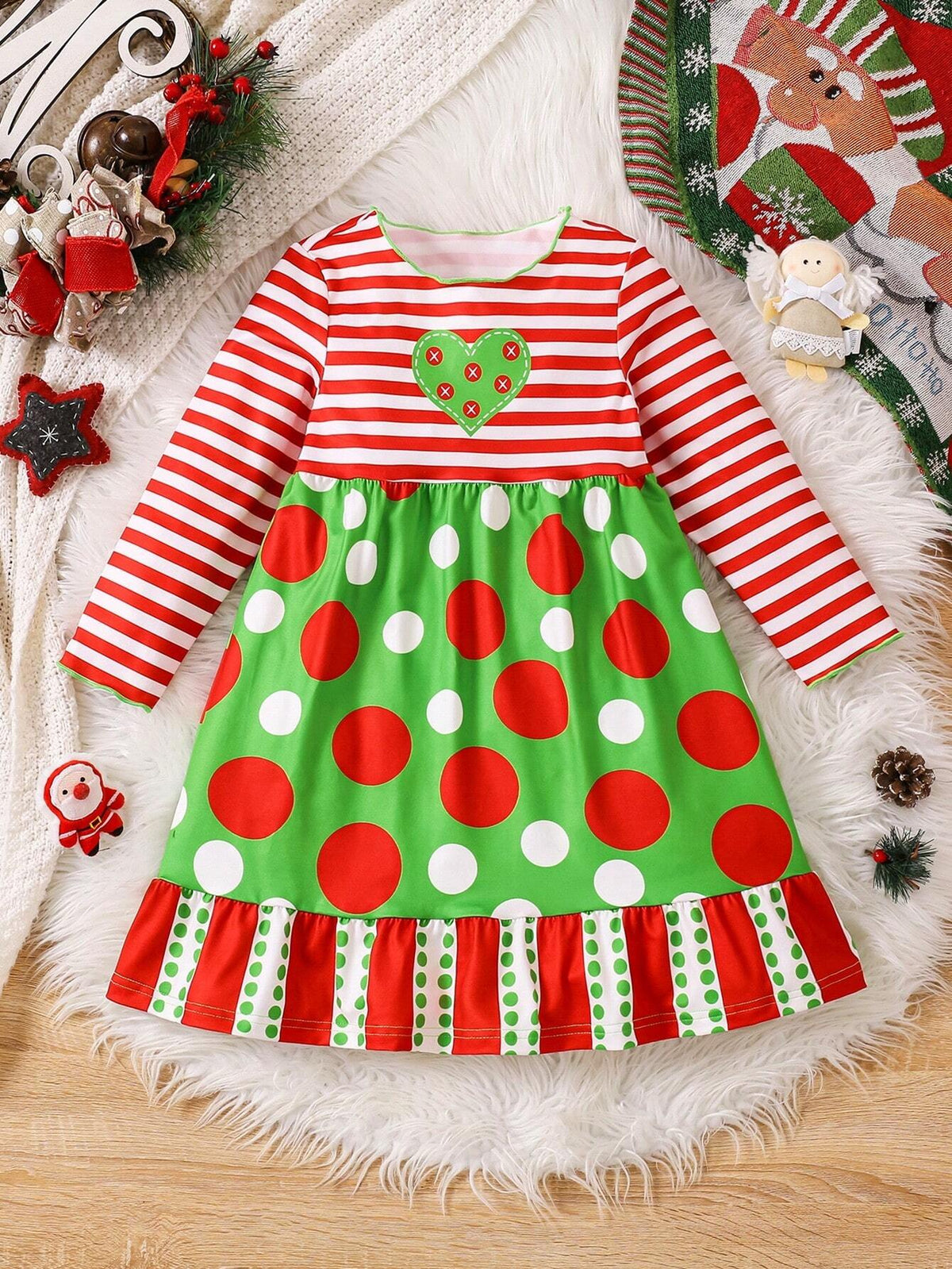 Young Girls Polka Dot & Striped Pattern Long Sleeve Casual Holiday Dress