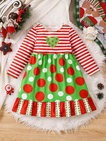 Young Girls Polka Dot & Striped Pattern Long Sleeve Casual Holiday Dress