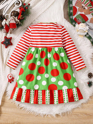 Young Girls Polka Dot & Striped Pattern Long Sleeve Casual Holiday Dress