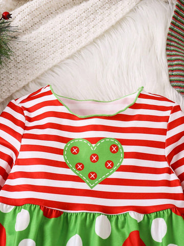 Young Girls Polka Dot & Striped Pattern Long Sleeve Casual Holiday Dress