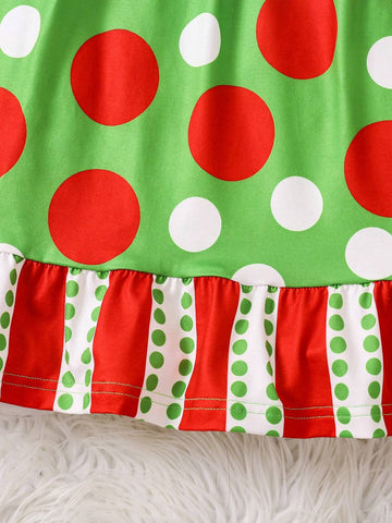 Young Girls Polka Dot & Striped Pattern Long Sleeve Casual Holiday Dress