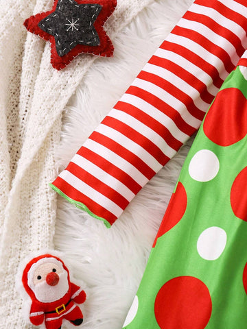 Young Girls Polka Dot & Striped Pattern Long Sleeve Casual Holiday Dress
