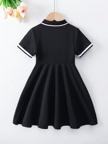 Young Girls' Polo Collar Dress With Heart Print