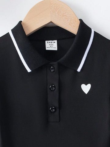 Young Girls' Polo Collar Dress With Heart Print