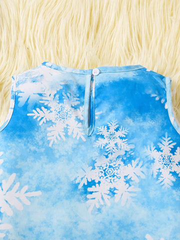 Young Girls Princess Print Christmas Dress, Decorated With Soft Plush Trim For A And Playful Look, Full-Length Christmas-Themed Princess Print And Snowflake Design