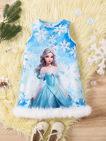 Young Girls Princess Print Christmas Dress, Decorated With Soft Plush Trim For A And Playful Look, Full-Length Christmas-Themed Princess Print And Snowflake Design