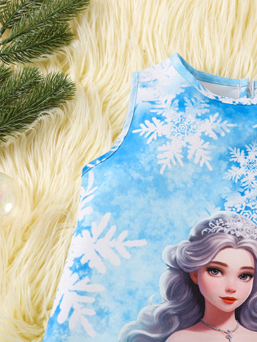 Young Girls Princess Print Christmas Dress, Decorated With Soft Plush Trim For A And Playful Look, Full-Length Christmas-Themed Princess Print And Snowflake Design