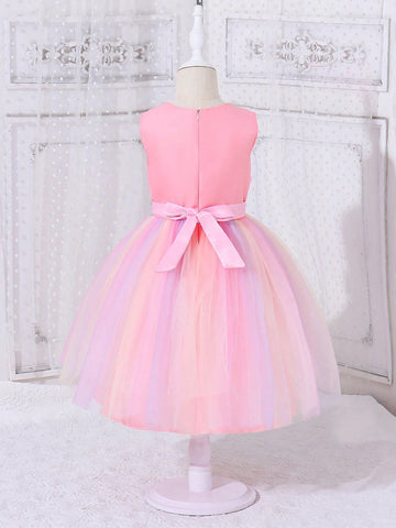 Young Girl's Princess Style Romantic 3d Flora Rose Ombre Mesh Dress