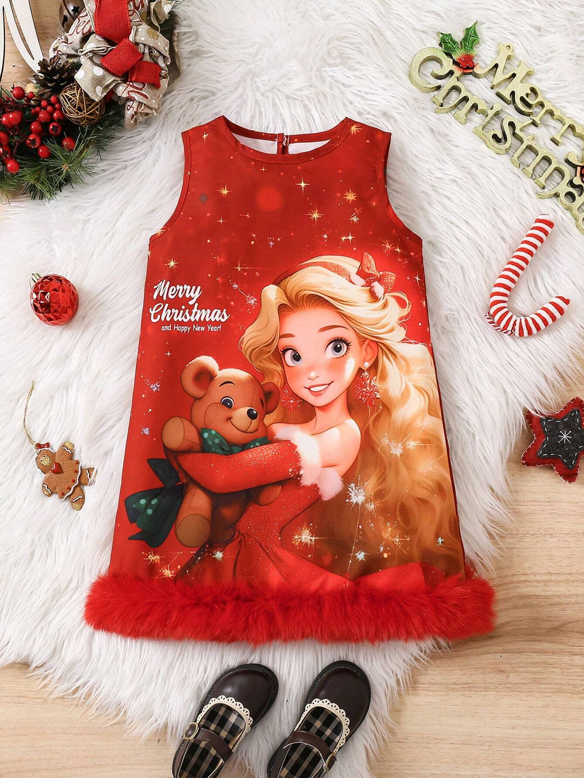 Young Girls Red Princess Print Christmas Dress With Soft Plush Trim