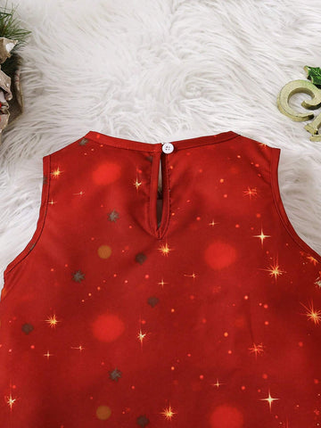 Young Girls Red Princess Print Christmas Dress With Soft Plush Trim