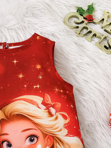 Young Girls Red Princess Print Christmas Dress With Soft Plush Trim