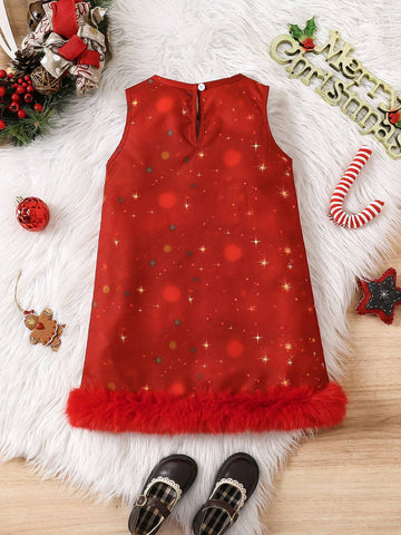 Young Girls Red Princess Print Christmas Dress With Soft Plush Trim