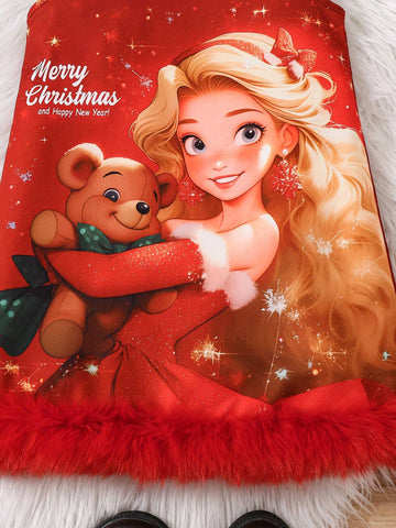 Young Girls Red Princess Print Christmas Dress With Soft Plush Trim