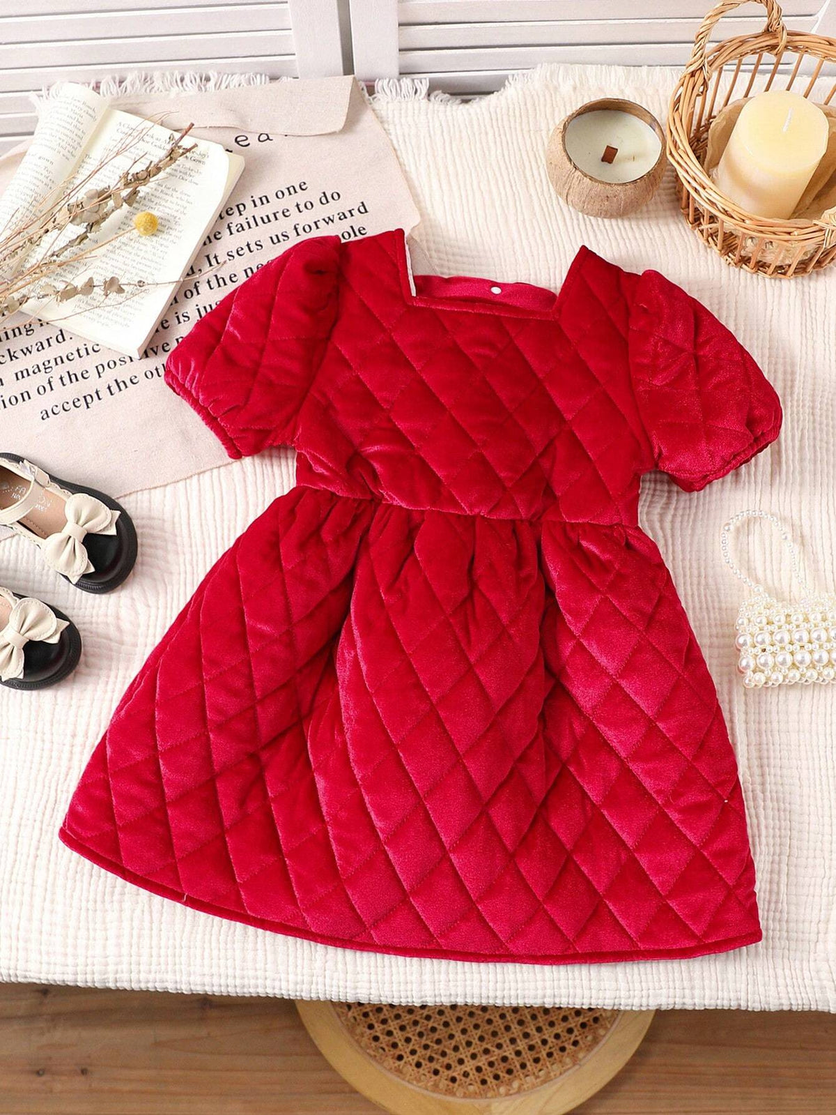 Young Girls Red Velvet Quilted Padded Dress, Warm & Comfortable For Autumn, Winter, Christmas Party