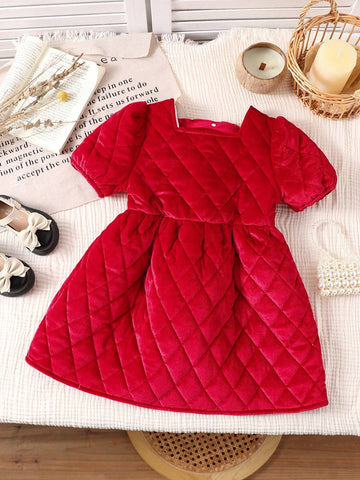 Young Girls Red Velvet Quilted Padded Dress, Warm & Comfortable For Autumn, Winter, Christmas Party