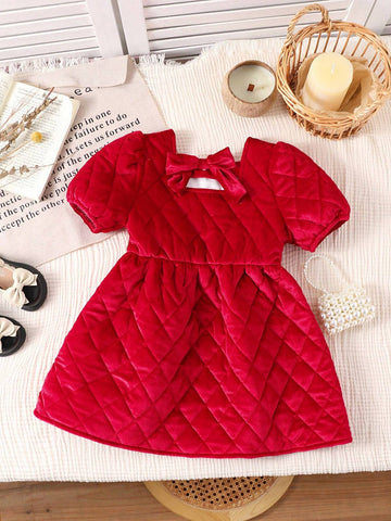 Young Girls Red Velvet Quilted Padded Dress, Warm & Comfortable For Autumn, Winter, Christmas Party