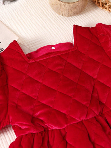 Young Girls Red Velvet Quilted Padded Dress, Warm & Comfortable For Autumn, Winter, Christmas Party