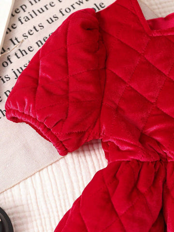 Young Girls Red Velvet Quilted Padded Dress, Warm & Comfortable For Autumn, Winter, Christmas Party
