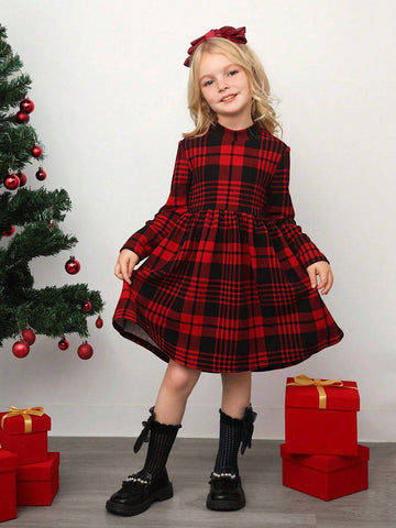 Young Girl's Retro Stylish Plaid Printed Half Turtleneck Dress, Great For Casual & Daily Wear & School Daily In Autumn & Winter, Sport Style
