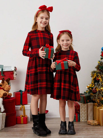 Young Girl's Retro Stylish Plaid Printed Half Turtleneck Dress, Great For Casual & Daily Wear & School Daily In Autumn & Winter, Sport Style