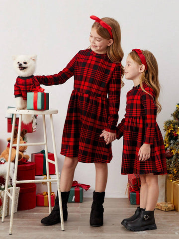 Young Girl's Retro Stylish Plaid Printed Half Turtleneck Dress, Great For Casual & Daily Wear & School Daily In Autumn & Winter, Sport Style