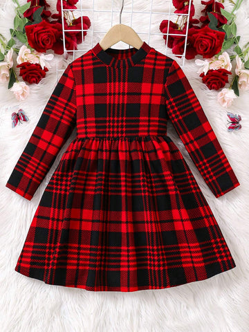 Young Girl's Retro Stylish Plaid Printed Half Turtleneck Dress, Great For Casual & Daily Wear & School Daily In Autumn & Winter, Sport Style