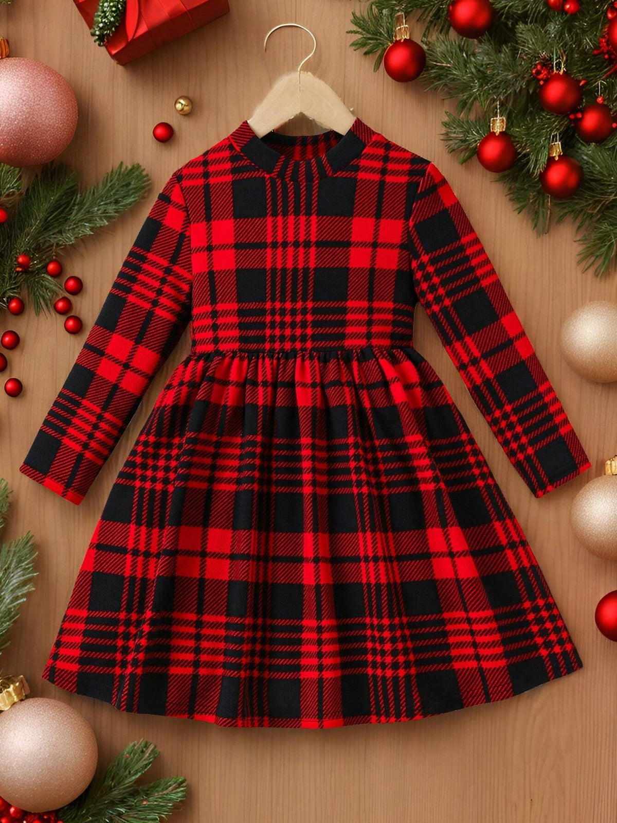 Young Girl's Retro Stylish Plaid Printed Half Turtleneck Dress, Great For Casual & Daily Wear & School Daily In Autumn & Winter, Sport Style