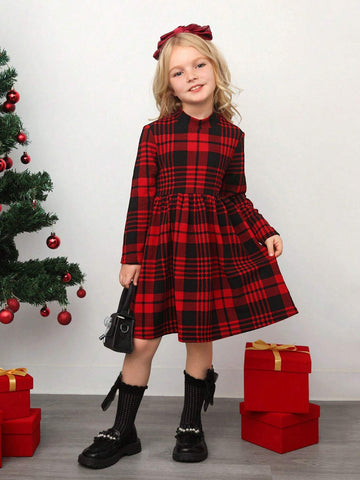 Young Girl's Retro Stylish Plaid Printed Half Turtleneck Dress, Great For Casual & Daily Wear & School Daily In Autumn & Winter, Sport Style