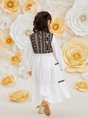 Young Girls' Retro V-Neck Dress, Suitable For Festivals And Beach Vacations, Summer