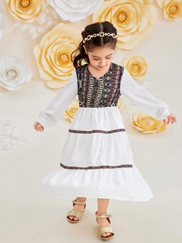 Young Girls' Retro V-Neck Dress, Suitable For Festivals And Beach Vacations, Summer