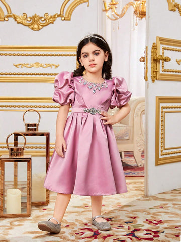 Young Girls' Rhinestone Decorated Round Neck Puff Sleeve Pleated Dress