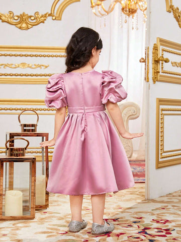 Young Girls' Rhinestone Decorated Round Neck Puff Sleeve Pleated Dress