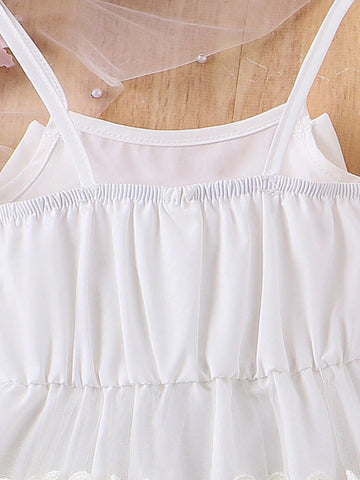 Young Girl's Romantic Floral Embroidery Mesh Splicing Dress With Bowknot Decor And Off Shoulder Design