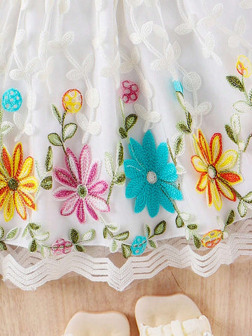 Young Girl's Romantic Floral Embroidery Mesh Splicing Dress With Bowknot Decor And Off Shoulder Design