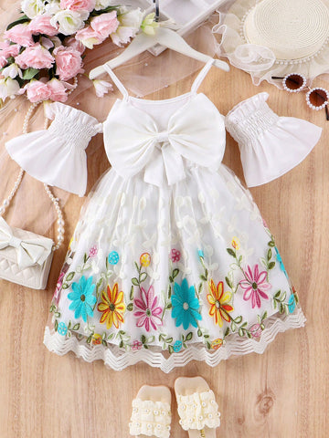 Young Girl's Romantic Floral Embroidery Mesh Splicing Dress With Bowknot Decor And Off Shoulder Design