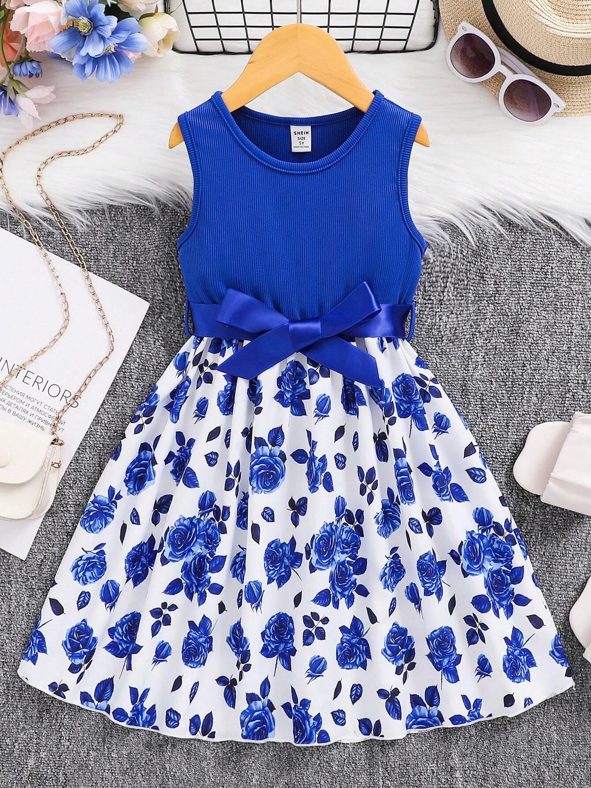 Young Girl's Rose Pattern Ribbed Woven Fabric Print Dress For Summer Vacation Party
